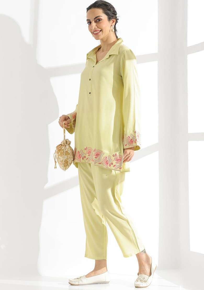 Lime Green Floral Embroidered Shirt Collar Tunic With Trouser - Indya