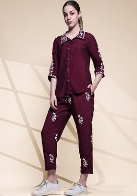 Maroon Embroidered Shirt And Trouser Coords