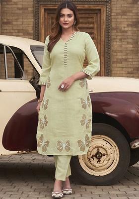 Green Embroidered Vneck Tunic And Trousers