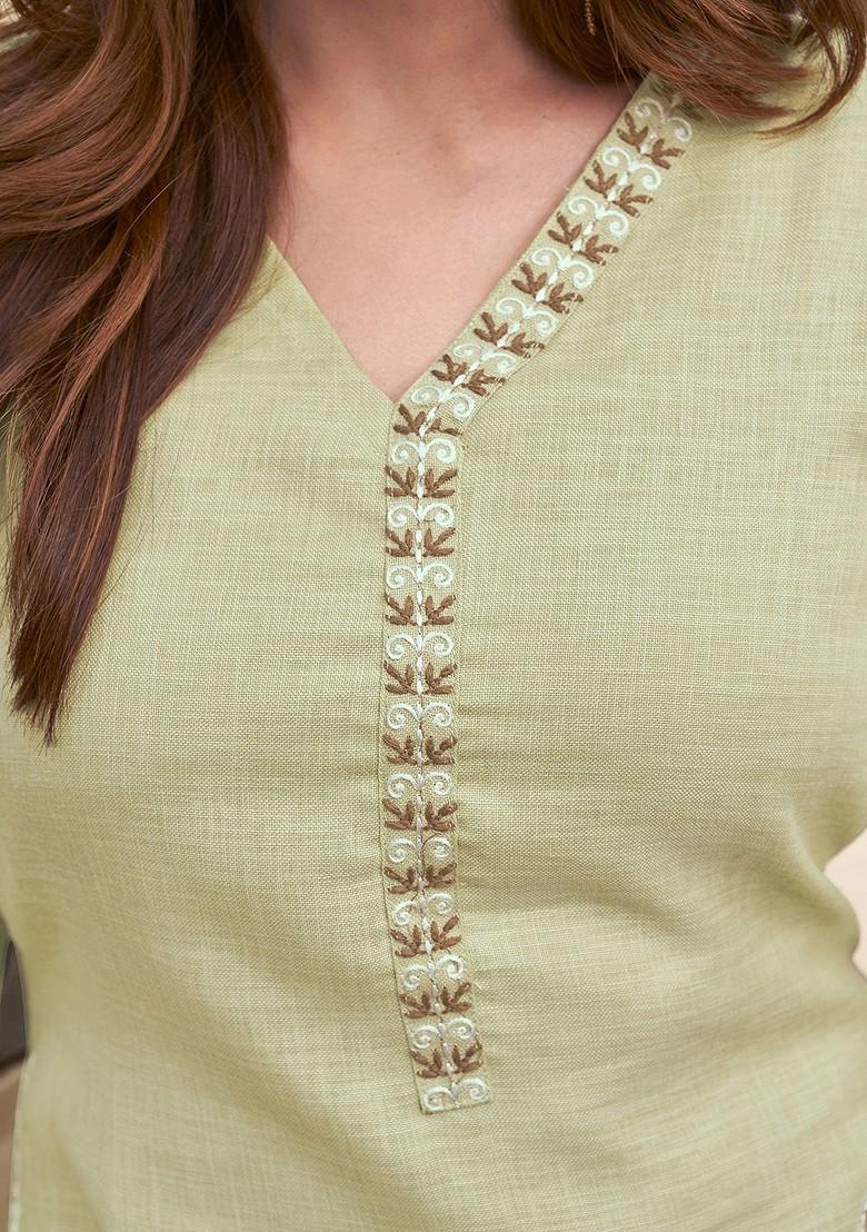 Green Embroidered Vneck Tunic And Trousers - Indya