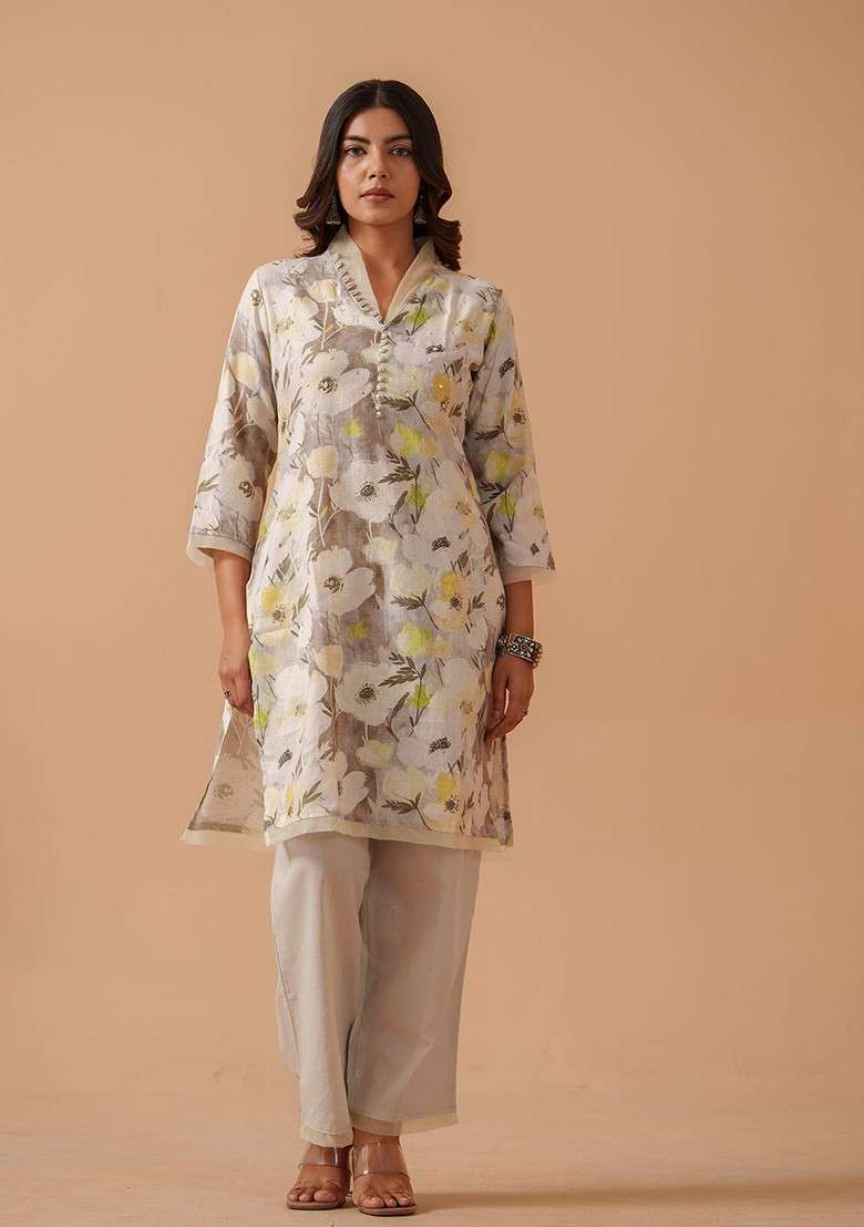 Off White Floral Printed Vneck Pure Cotton Tunic With Palazzo - Indya