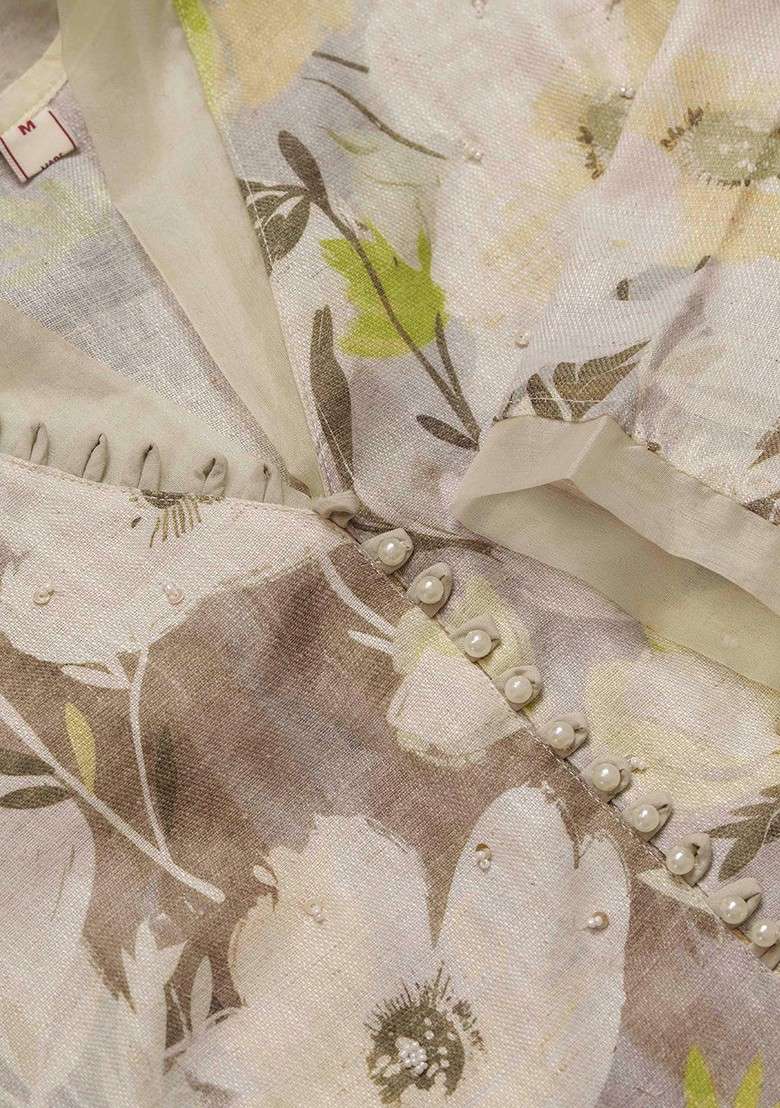 Off White Floral Printed Vneck Pure Cotton Tunic With Palazzo - Indya