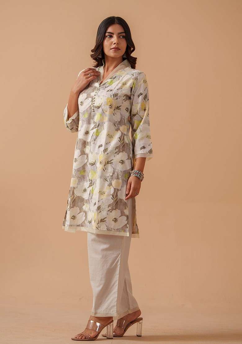 Off White Floral Printed Vneck Pure Cotton Tunic With Palazzo - Indya