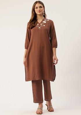 Brown Embroidered Pure Cotton Coords