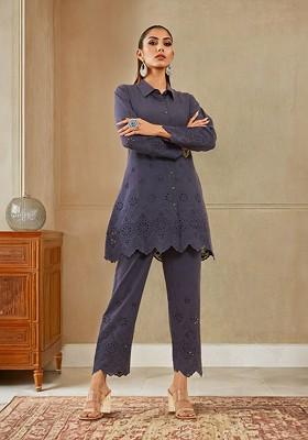 Navy Blue Embroidered Regular Thread Work Pure Cotton Kurta With Trouser