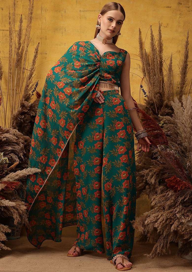 Green Floral Printed Sweetheart Neck Top With Palazzo - Indya