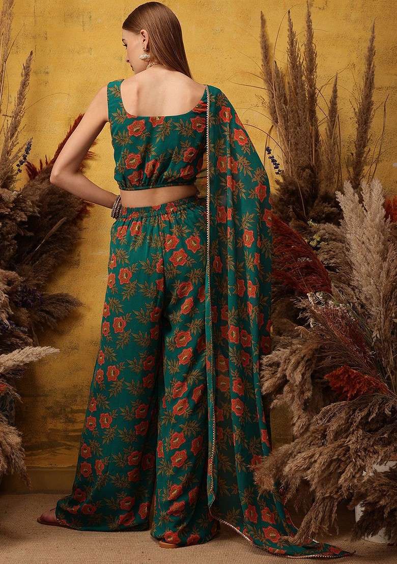 Green Floral Printed Sweetheart Neck Top With Palazzo - Indya