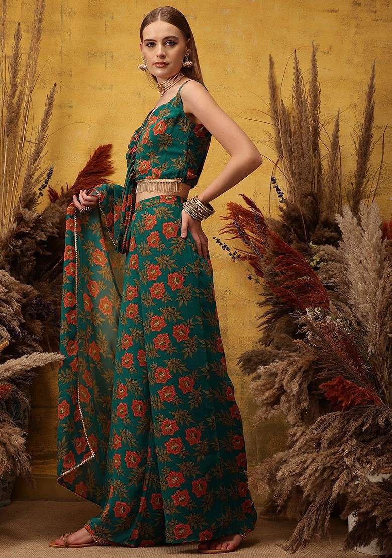 Green Floral Printed Sweetheart Neck Top With Palazzo - Indya