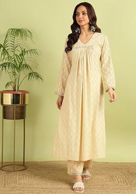 Cream Shubhi Caramel Printed Pure Cotton Tunic With Palazzo Set