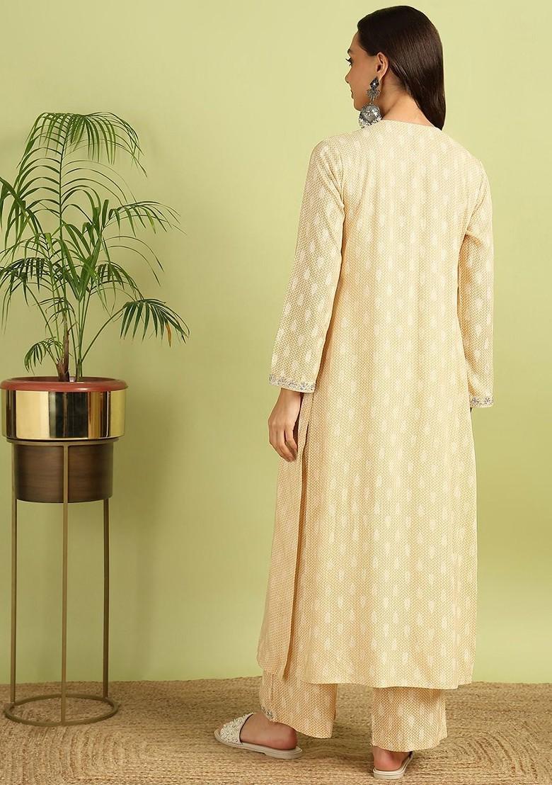 Cream Shubhi Caramel Printed Pure Cotton Tunic With Palazzo Set - Indya