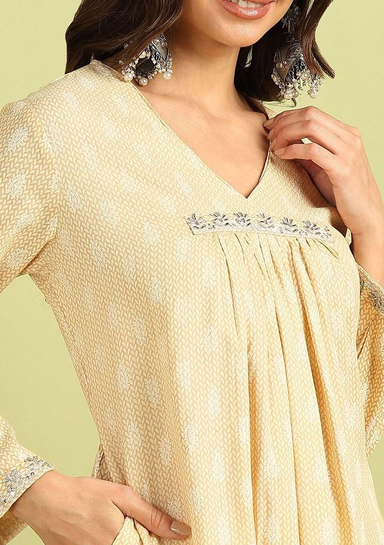 Cream Shubhi Caramel Printed Pure Cotton Tunic With Palazzo Set - Indya