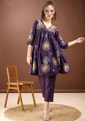 Purple Embroidered Aliacut Tunic With Trouser Coords