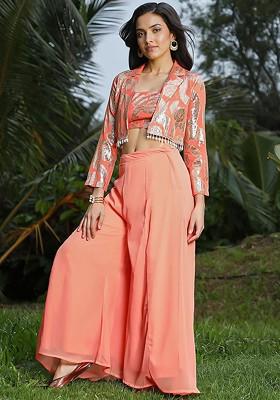 Pink Printed Shoulder Straps Top And Palazzos With Jacket Coords