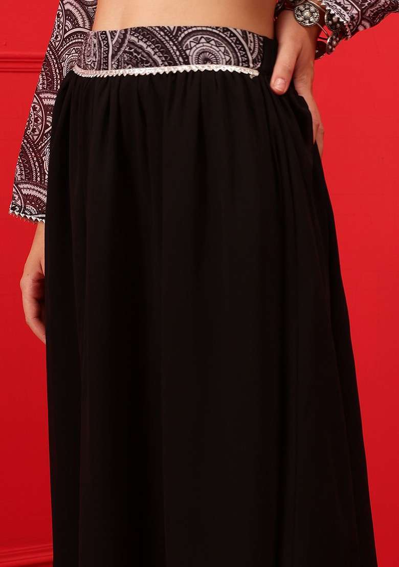 Black Embellished Printed Top And Skirt - Indya