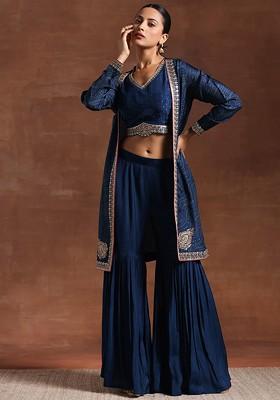 Blue Zari Embroidered Top With Shrug And Sharara