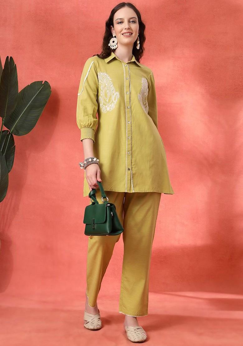 Green Paisley Embroidered Straight Cotton Coords - Indya