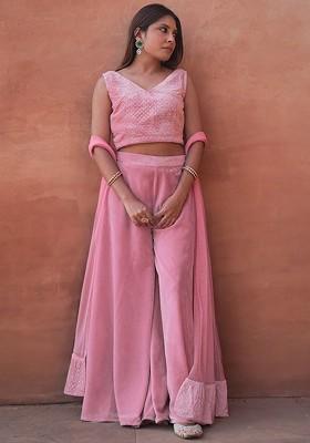 Pink Embellished Velvet Crop Top With Palazzos And Dupatta