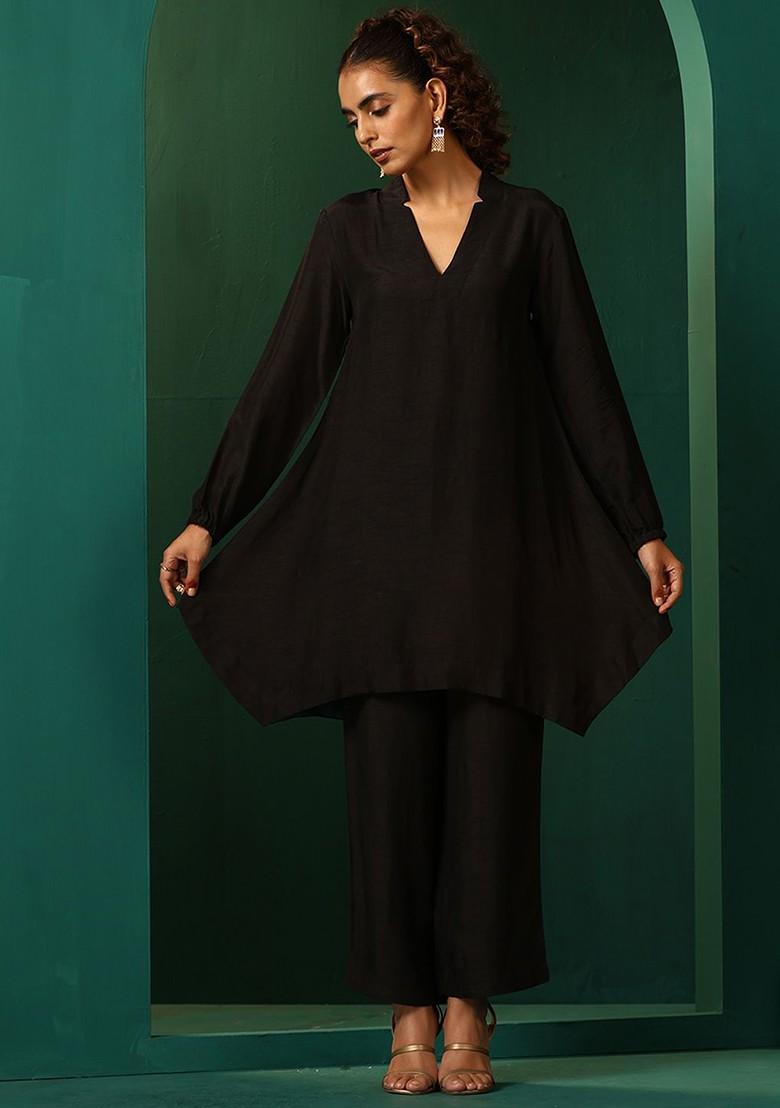 Black Vneck Tunic With Trousers Coords - Indya