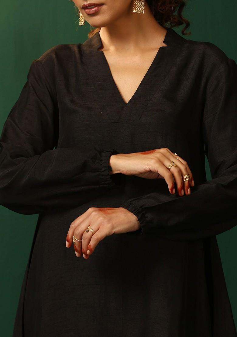 Black Vneck Tunic With Trousers Coords - Indya