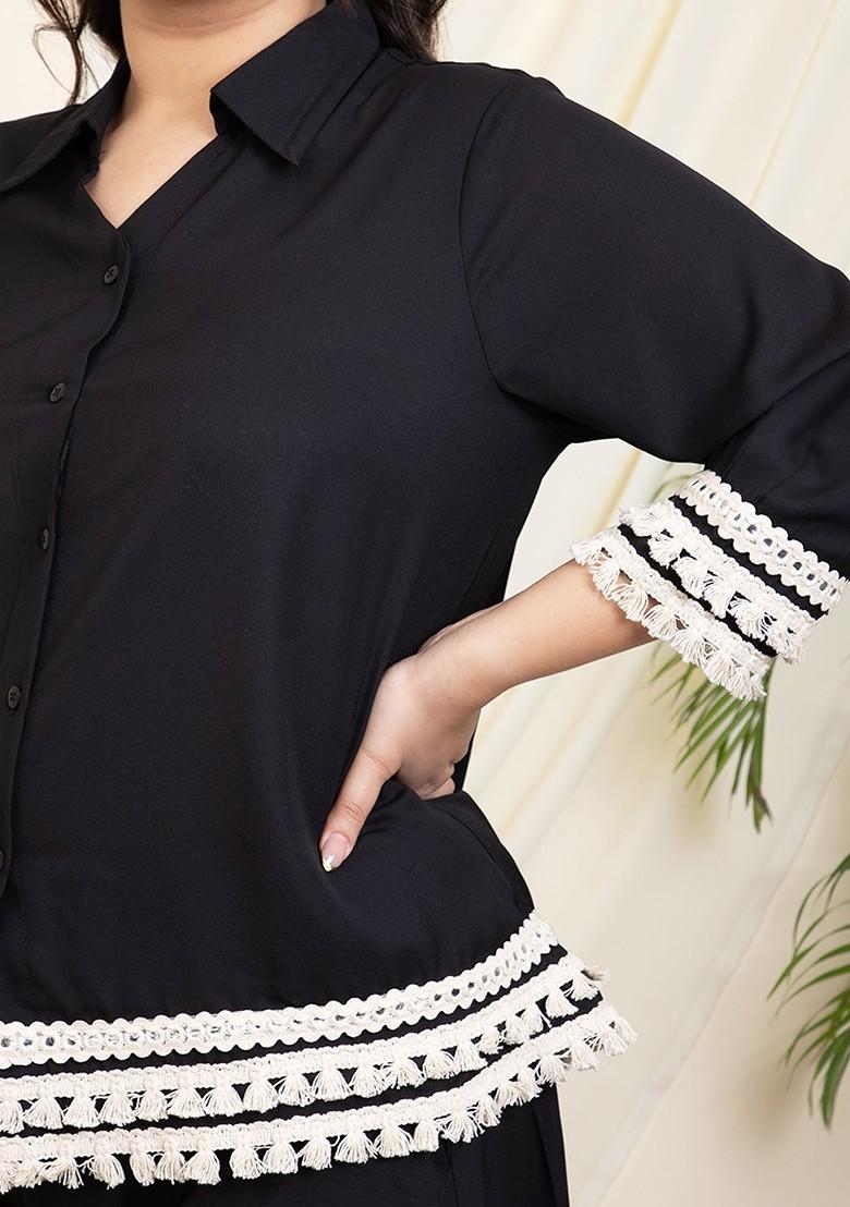 Black Embellished Shirt Collar Threequarter Sleeves Shirt With Palazzo - Indya