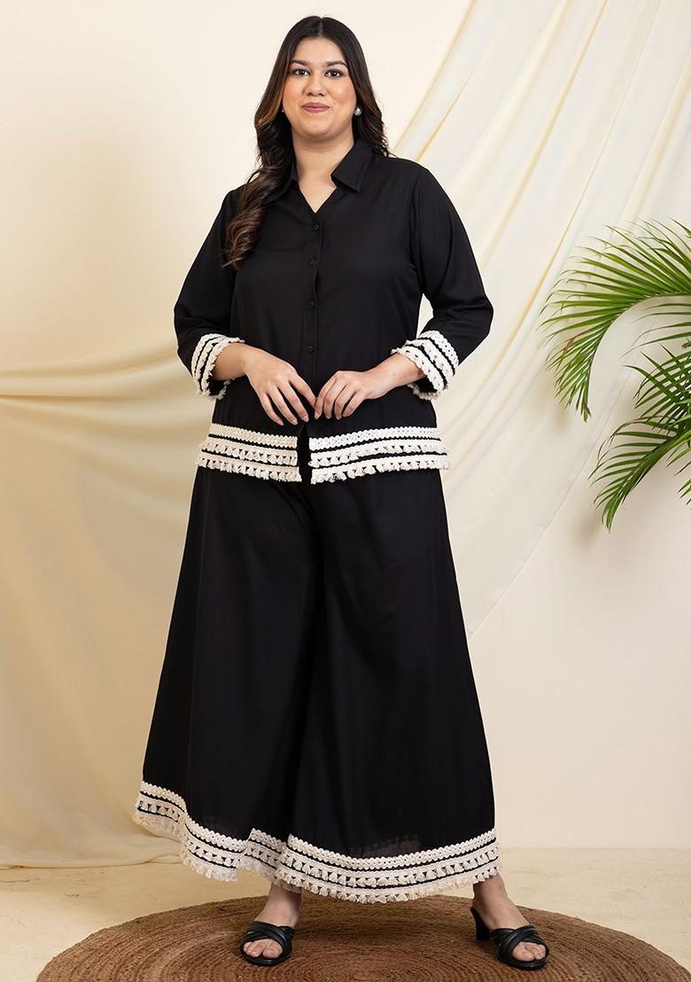 Black Embellished Shirt Collar Threequarter Sleeves Shirt With Palazzo - Indya