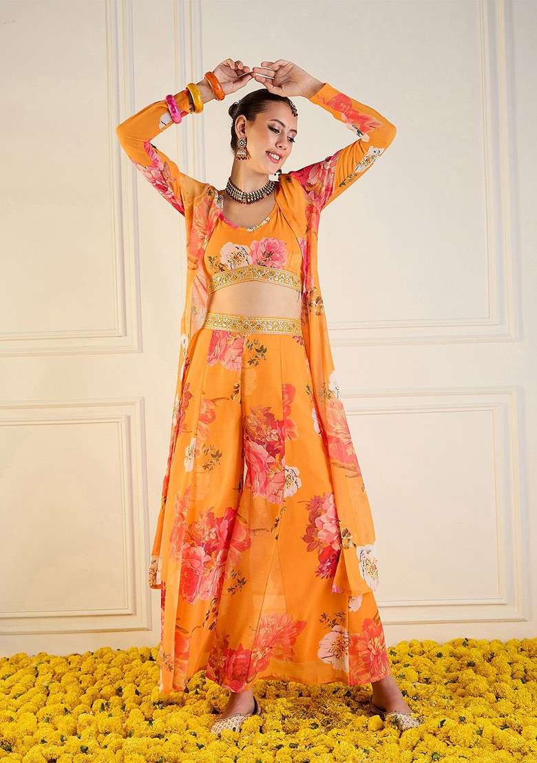 Yellow Printed Top; Shrug And Palazzos Coords - Indya