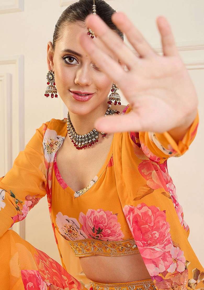 Yellow Printed Top; Shrug And Palazzos Coords - Indya