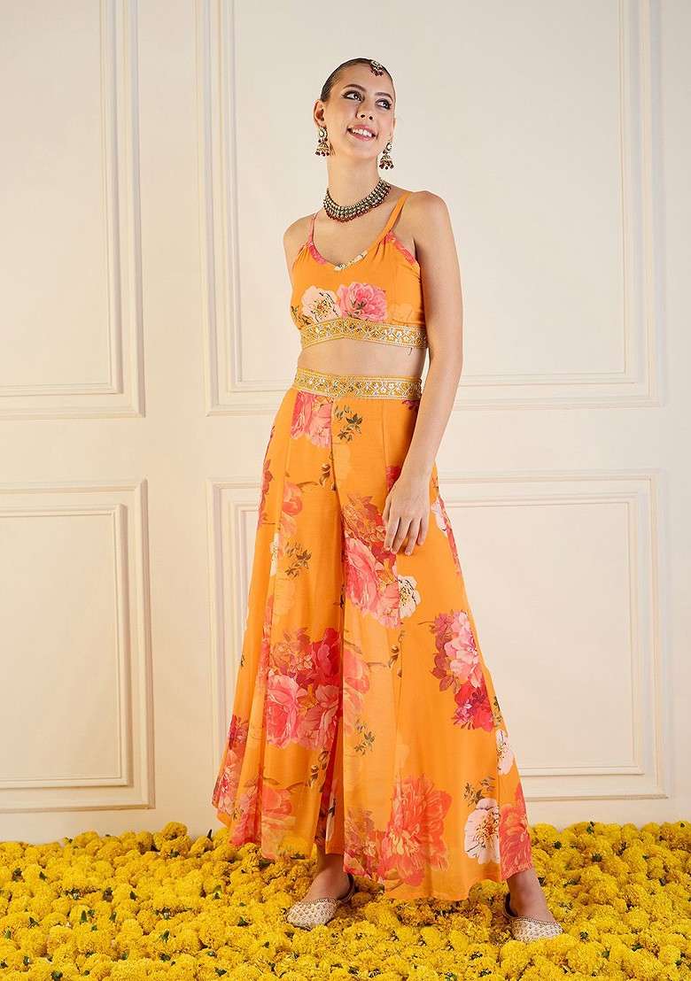 Yellow Printed Top; Shrug And Palazzos Coords - Indya