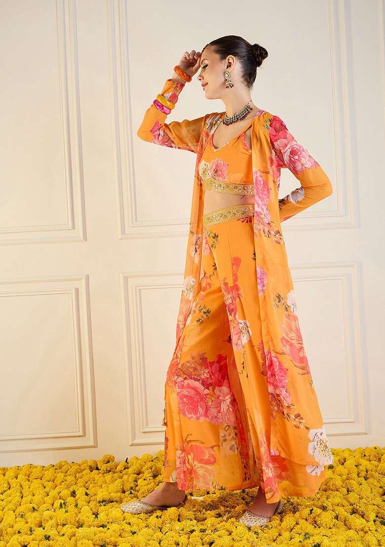 Yellow Printed Top; Shrug And Palazzos Coords - Indya