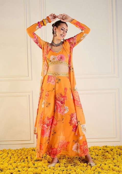 Yellow Printed Top; Shrug And Palazzos Coords