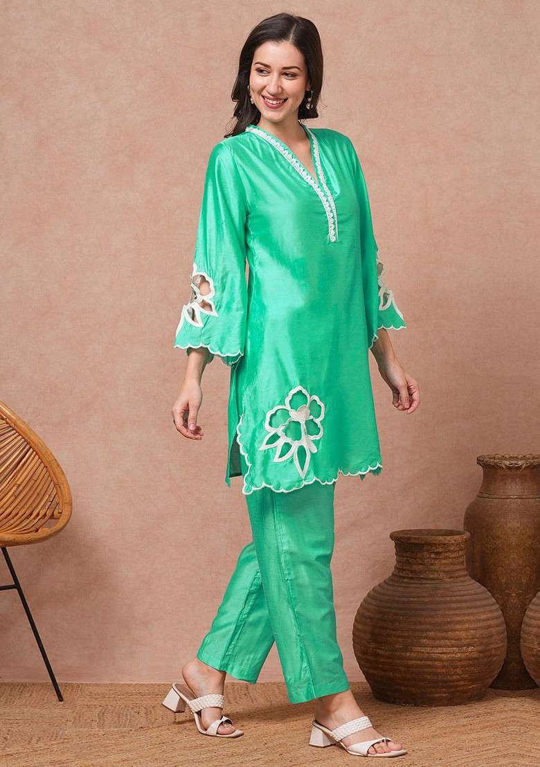 Green Floral Embroidered Vneck Tunic And Trousers - Indya