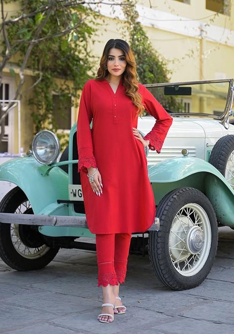 Red Pure Cotton V Neck Tunic With Trousers Coords