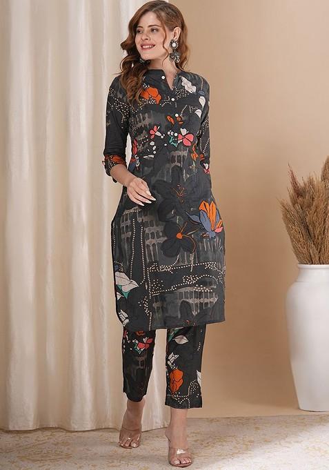 Green Abstract Floral Printed Tunic And Trouser
