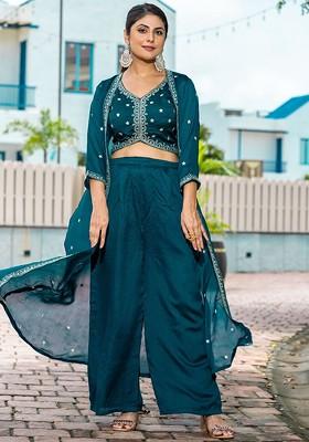 Blue Embroidered Top Shrug And Palazzos Coords Set