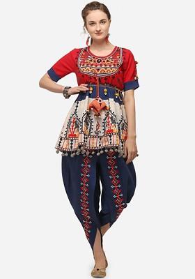 White Women Red And Navy Blue Heavy Navratri Kedia Top And Tulip Pant Combo