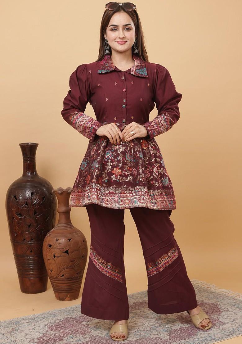 Maroon Woven Design Shirt Collar Jacquard Tunic With Palazzos