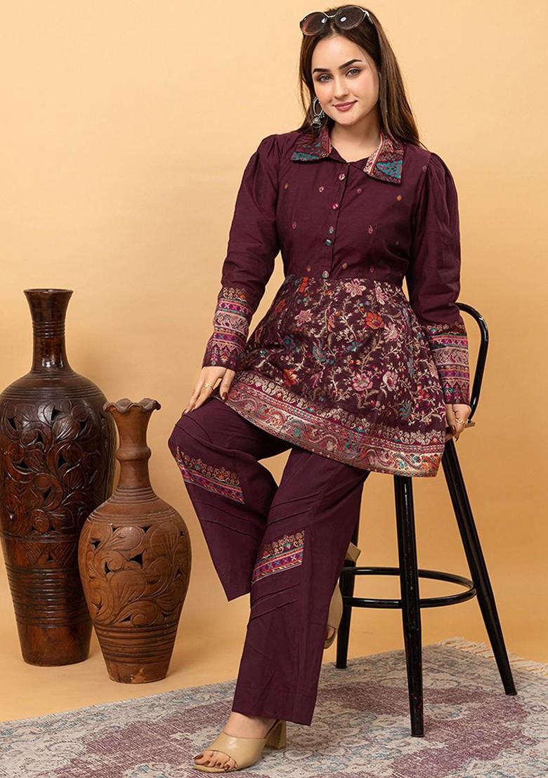 Maroon Woven Design Shirt Collar Jacquard Tunic With Palazzos