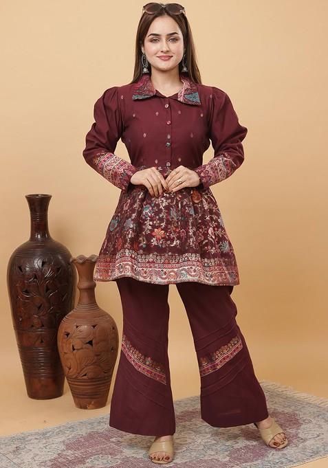 Maroon Woven Design Shirt Collar Jacquard Tunic With Palazzos
