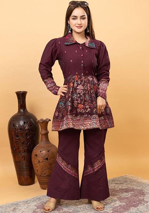 Maroon Woven Design Shirt Collar Jacquard Tunic With Palazzos