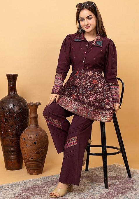 Maroon Woven Design Shirt Collar Jacquard Tunic With Palazzos