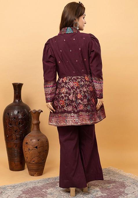 Maroon Woven Design Shirt Collar Jacquard Tunic With Palazzos