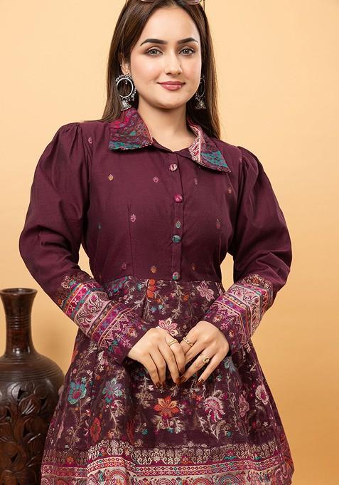 Maroon Woven Design Shirt Collar Jacquard Tunic With Palazzos