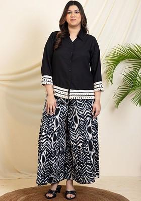 Black Embellished Shirt Collar Threequarter Sleeves Shirt With Palazzo