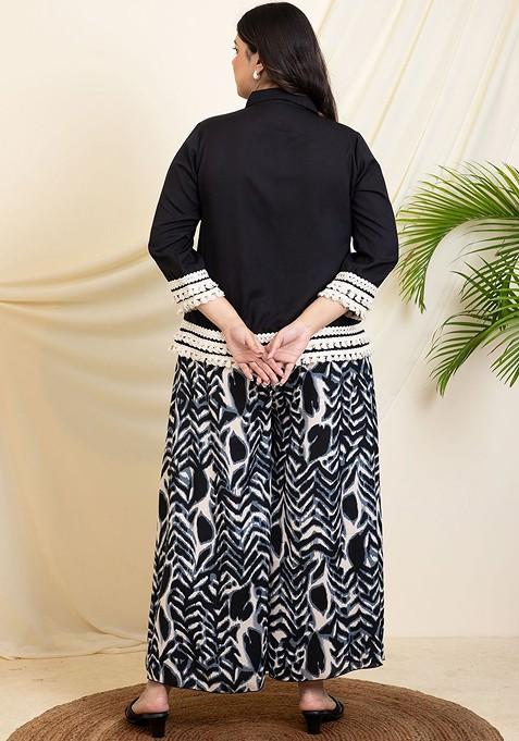 Black Embellished Shirt Collar Threequarter Sleeves Shirt With Palazzo