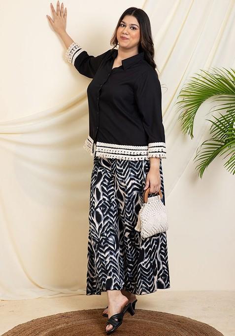 Black Embellished Shirt Collar Threequarter Sleeves Shirt With Palazzo
