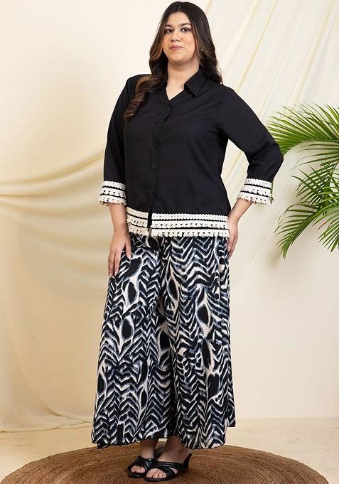 Black Embellished Shirt Collar Threequarter Sleeves Shirt With Palazzo