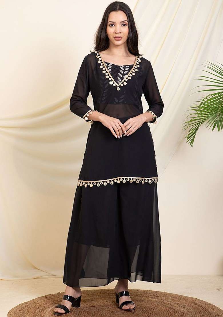 Black Printed Kurti; Top And Sharara Coords Set - Indya