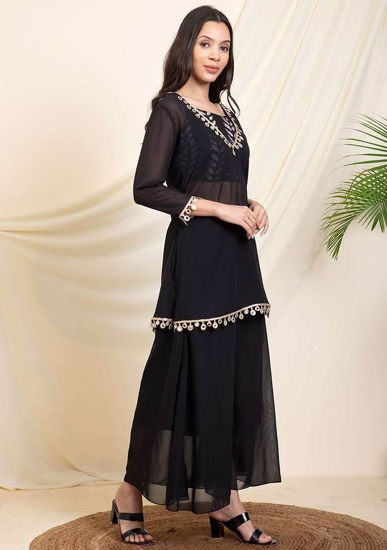 Black Printed Kurti; Top And Sharara Coords Set - Indya