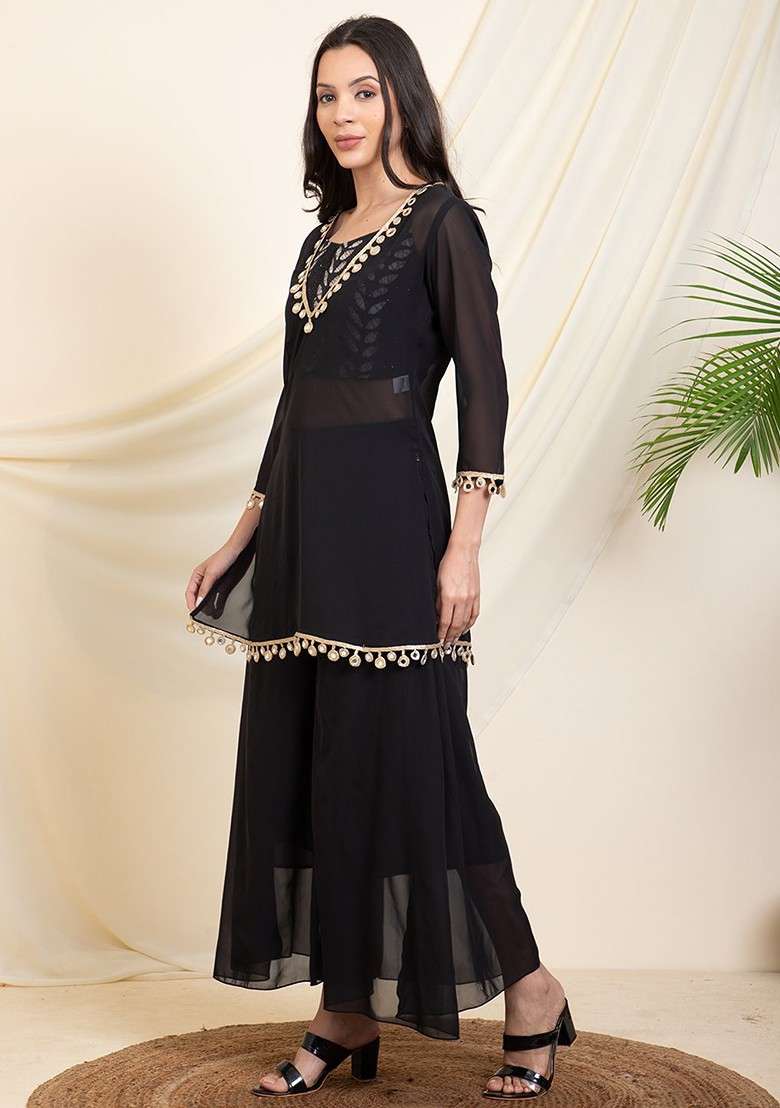 Black Printed Kurti; Top And Sharara Coords Set - Indya