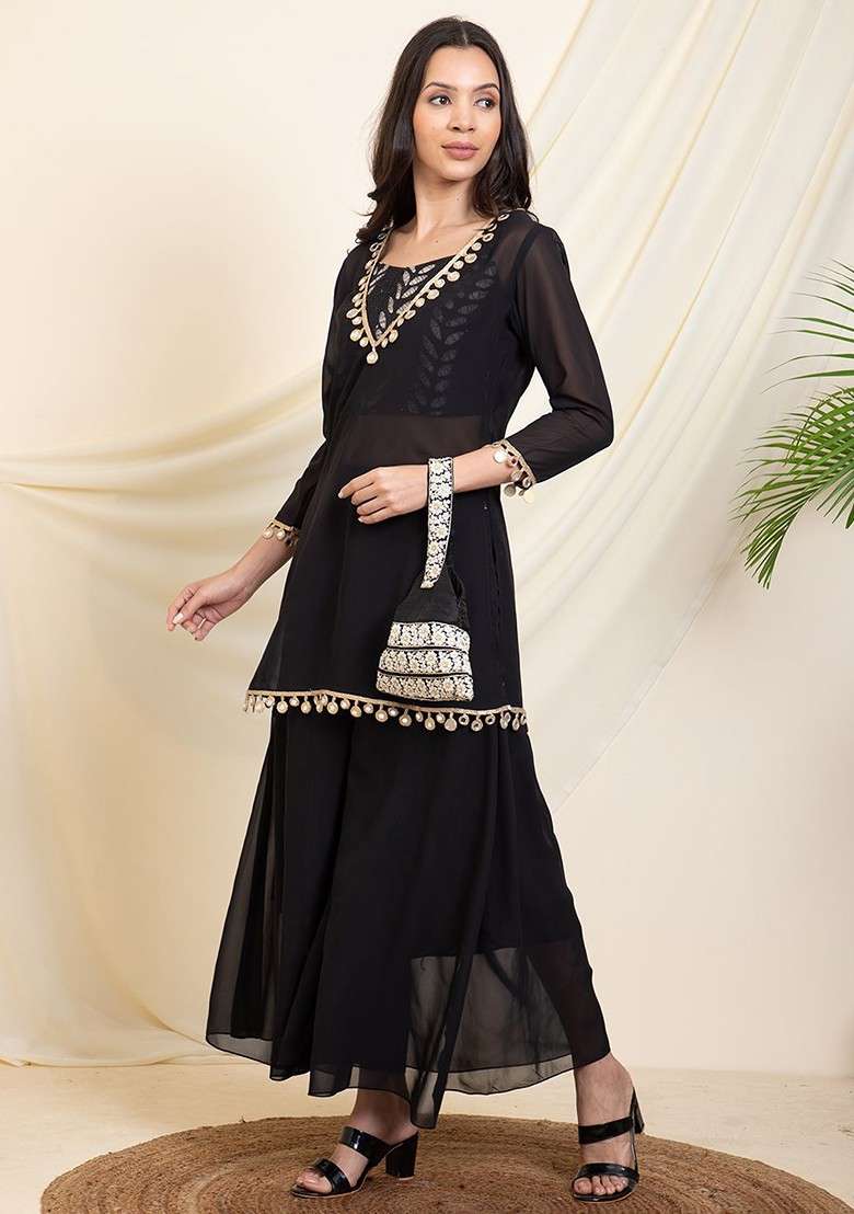 Black Printed Kurti; Top And Sharara Coords Set - Indya